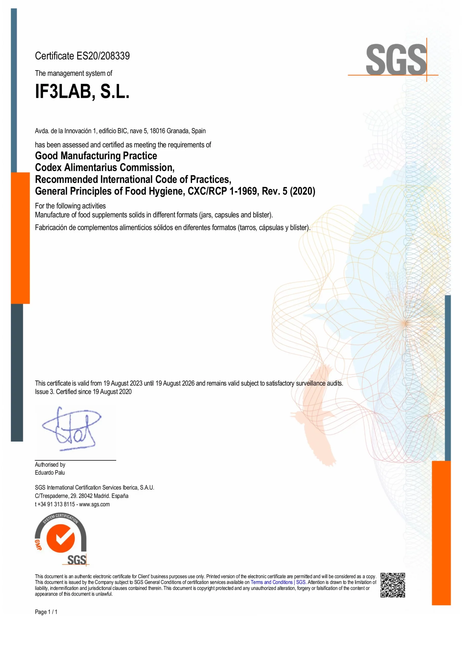 Certificado GMP SGS — IF3LAB S.L. Barosa Labs