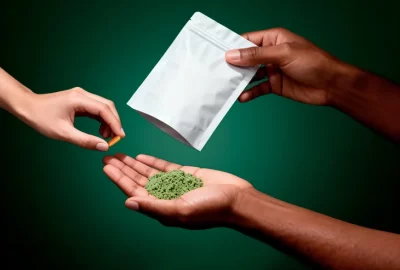 One hand holds a green powder while the other brings forward a capsule and a white doypack, showing different formats and packaging used in the manufacture of food supplements.