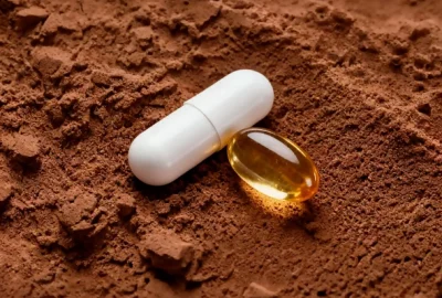 A white capsule and a softgel pearl rest on a brown powder background, representing different formats used in the manufacturing of dietary supplements.